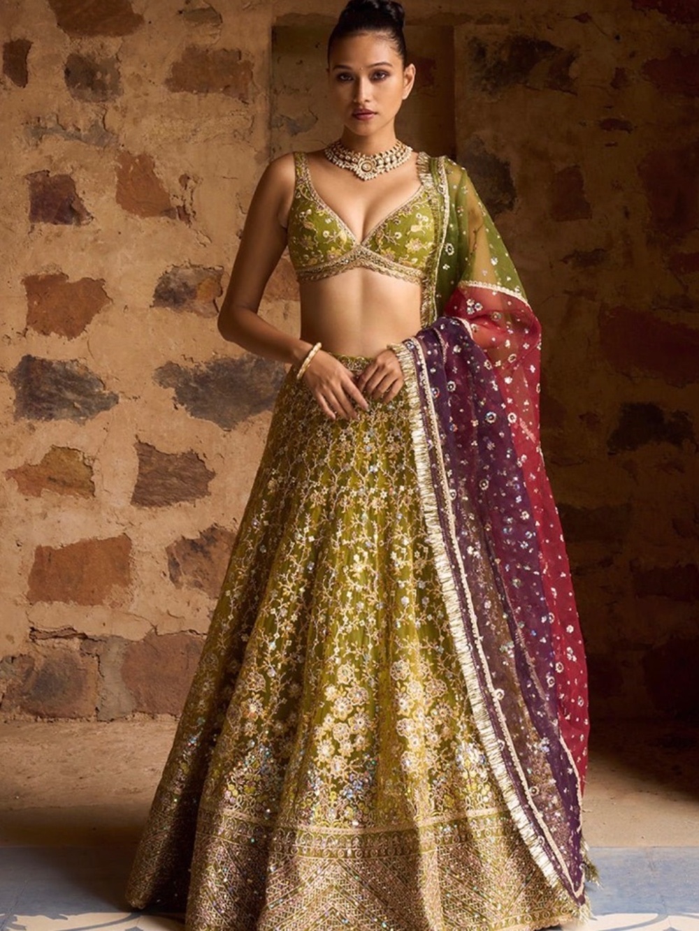 lashkara Mehendi Green Multicolor Net Lehenga